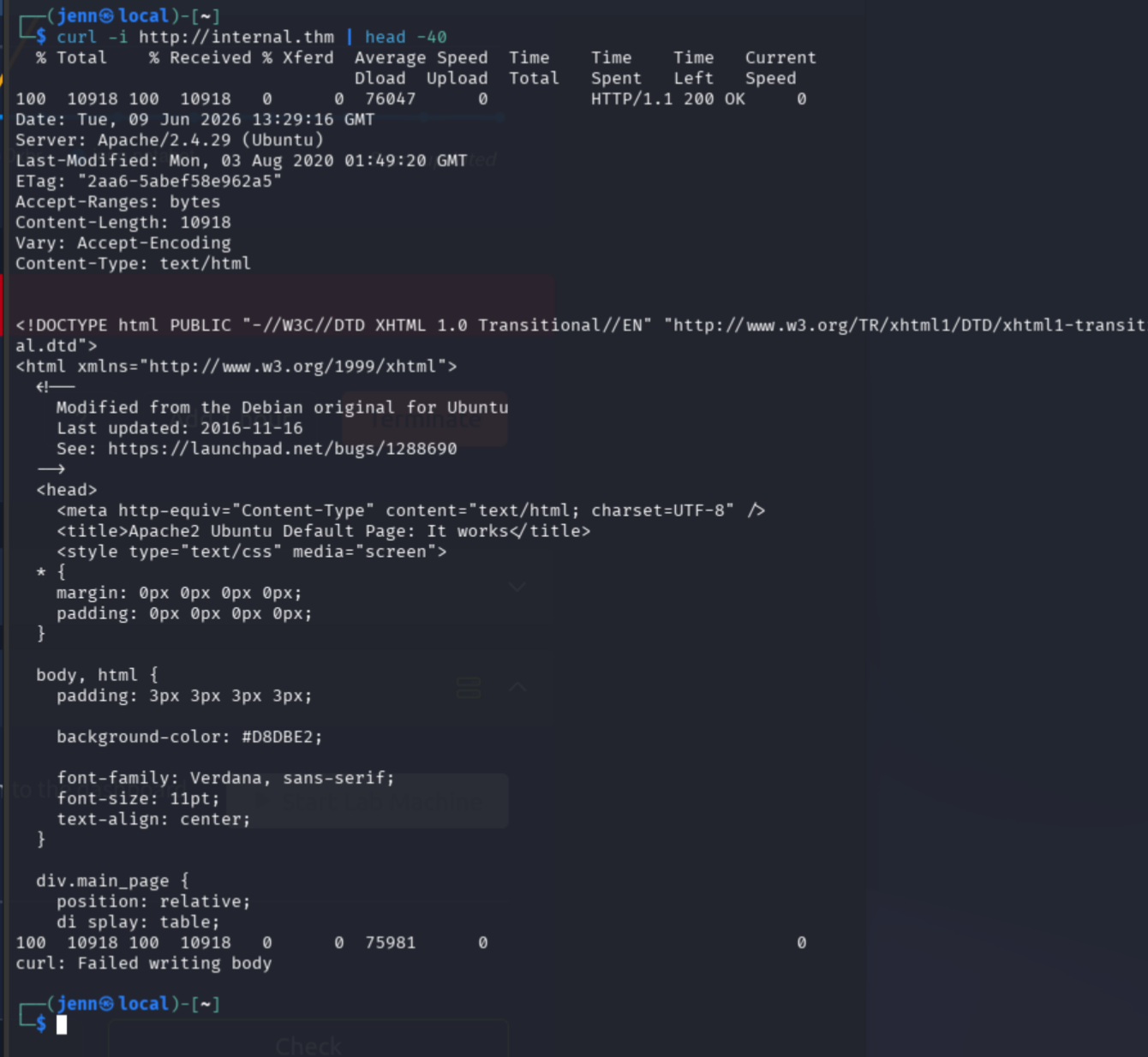 curl to internal.thm returning Apache default page with server hostname